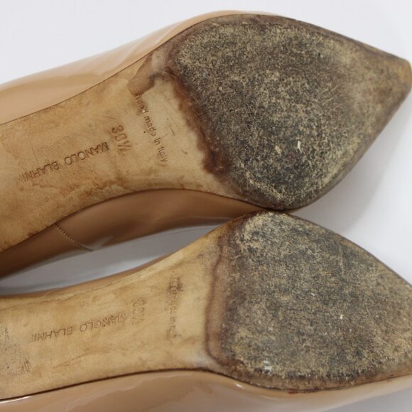 Manolo Blahnik 39.5 US 8.5/9 Nude Pumps Heels Shoes Patent Leather Pointy Toe - Picture 13 of 16